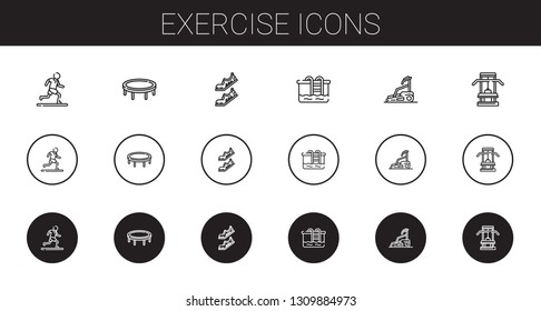 exercise icons set. Collection of exercise with running, trampoline, shoes, pool, treadmill, gym. Editable and scalable exercise icons.