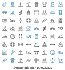 exercise icons set. Collection of exercise with stationary bike, gym station, volley, hopscotch, stretching, gym, sneakers, boxing, ball. Editable and scalable exercise icons.