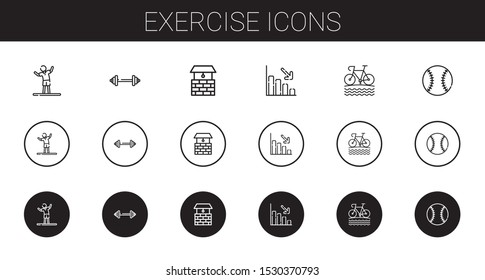 exercise icons set. Collection of exercise with stretching, barbell, well, loss, bike, baseball. Editable and scalable exercise icons.