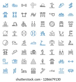 exercise icons set. Collection of exercise with trampoline, swimming pool, shoes, baseball, well, bicycle, jumping rope, volley, barbell. Editable and scalable exercise icons.