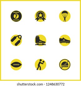 Exercise icons set with cue ball, the hand trainer, parachutist elements. Set of exercise icons and premium concept. Editable vector elements for logo app UI design.