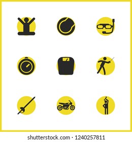 Exercise icons set with epee, tennis ball and sword elements. Set of exercise icons and yoga concept. Editable vector elements for logo app UI design.