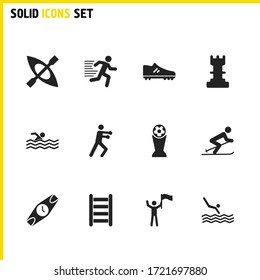 Exercise icons set with flag-bearer, swimmer and jumps into the water elements. Set of exercise icons and championship concept. Editable vector elements for logo app UI design.