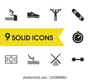 Exercise icons set with football field, jumps into the water and skateboard elements. Set of exercise icons and strongman concept. Editable vector elements for logo app UI design.