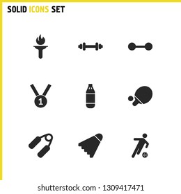 Exercise icons set with the hand trainer, footballer, boxing elements. Set of exercise icons and dumbbell concept. Editable vector elements for logo app UI design.