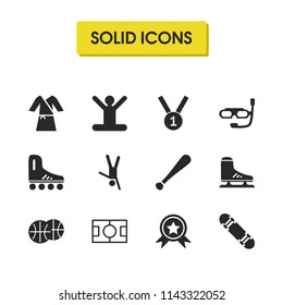 Exercise icons set with medal one, bit and meditation elements. Set of exercise icons and freestyle concept. Editable vector elements for logo app UI design.