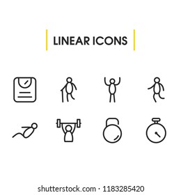 Exercise icons set with old man, dumbbell and timer elements. Set of exercise icons and achievement concept. Editable vector elements for logo app UI design.