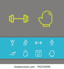 Exercise icons set with old man, happy man and dumbbell elements. Set of exercise icons and achievement concept. Editable vector elements for logo app UI design.