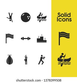 Exercise icons set with on one hand, flag, top places elements. Set of exercise icons and pennant concept. Editable vector elements for logo app UI design.