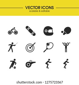 Exercise icons set with racquetball, rollerskating and target elements. Set of exercise icons and cyclist concept. Editable vector elements for logo app UI design.