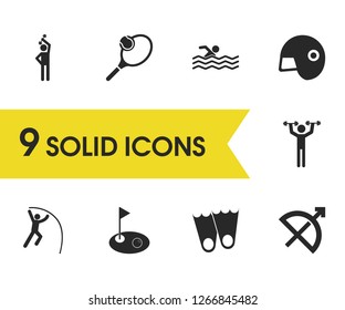 Exercise icons set with sports, bow and swimmer elements. Set of exercise icons and dive shoe concept. Editable vector elements for logo app UI design.