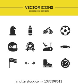 Exercise icons set with stopwatch, bike trail and man on the bike elements. Set of exercise icons and punching bag concept. Editable vector elements for logo app UI design.