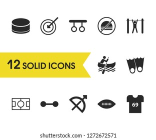 Exercise icons set with t-shirt, bow and tourniquet elements. Set of exercise icons and dart concept. Editable vector elements for logo app UI design.
