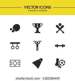 Exercise icons set with two dumbbells, award and soccer player elements. Set of exercise icons and table tennis concept. Editable vector elements for logo app UI design.