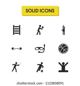 Exercise icons set with volleyball player, epee and diving mask elements. Set of exercise icons and weightlifting concept. Editable vector elements for logo app UI design.