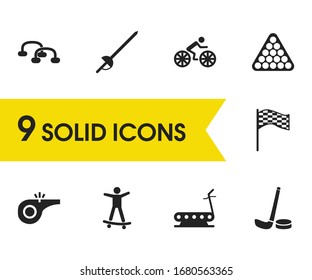 Exercise icons set with whistle, sword and man on the bike elements. Set of exercise icons and cyclist concept. Editable vector elements for logo app UI design.