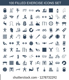 exercise icons. Trendy 100 exercise icons. Contain icons such as kettle bell, sport expander, swimming ladder, boxing bag, man doing exercises. exercise icon for web and mobile.