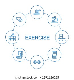 exercise icons. Trendy 8 exercise icons. Contain icons such as pool ladder, barbell, man on treadmill, whistle, fitness carpet, gym equipment. exercise icon for web and mobile.