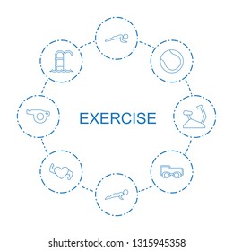 exercise icons. Trendy 8 exercise icons. Contain icons such as push up, man doing exercises, volleyball, swimming ladder, swimming glasses, heart with muscles. exercise icon for web and mobile.