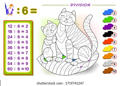 Ejercicio para niños con división por número 6. Pinten a los gatos. Página educativa para el libro bebé de matemáticas. Hoja de cálculo impresa para libros de texto para niños. De vuelta a la escuela. Prueba de CI. Ilustración vectorial.