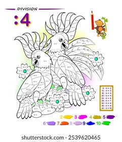 Ejercicio para niños con división por número 4. Colorea la pareja de la cacatúa linda. Página educativa para el libro de matemáticas. Hoja de trabajo imprimible para libros de texto para niños. Libro para colorear. Imagen de Vector.