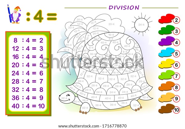 Exercise for kids with division by number\
4. Paint the picture. Educational page for mathematics baby book.\
Printable worksheet for children textbook. Back to school. IQ test.\
Vector illustration.