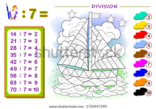 Exercise for kids with division by number\
7. Paint the sailboat. Educational page for mathematics baby book.\
Printable worksheet for children textbook. Back to school. IQ test.\
Vector illustration.