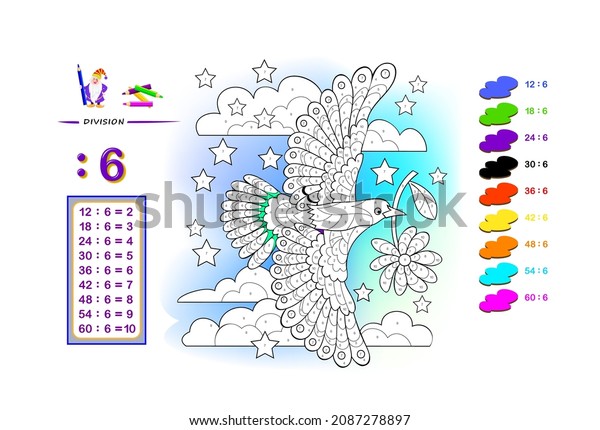 Exercise for kids with division by number 6.\
Paint the illustration. Educational page for mathematics baby book.\
Printable worksheet for children textbook. Coloring book. Online\
education.