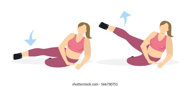 Exercise for legs on white background. Workout for legs. Exercises for fat women. Leg rising.