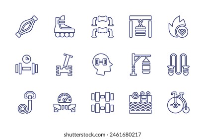 Exercise line icon set. Editable stroke. Vector illustration. Containing exercise, excercise, pushups, burning, strap, jumpingrope, muscle, bicycle, scooter, gymstation, punchingbag, swimmingpool.