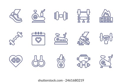 Exercise line icon set. Editable stroke. Vector illustration. Containing gym, walking, treadmill, workout, stationarybike, bench, exercise, physicalwellbeing, powerlifting, virtualfitness, training.