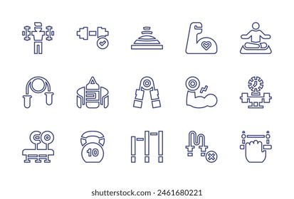 Exercise line icon set. Editable stroke. Vector illustration. Containing exercise, jumpingrope, meditation, balanceball, boxingbag, handgrip, dumbbells, strength, chinupbar, pullup, kettlebell.