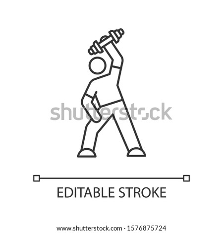 Exercise linear icon. Man workout. Gym activity. Training and bodybuilding. Healthcare. Person stretching. Thin line illustration. Contour symbol. Vector isolated outline drawing. Editable stroke