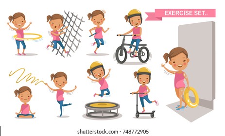 Exercise Little girl set. Sport Kids with play swimming In the swimsuit holds a rubber ring. Climbing net, Running, cycling, Hula Hoop, yoga,Trampoline, Scooter. character design. Vector Isolated 