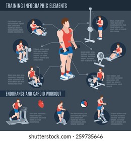 Exercise machines infographics set with man figures on training apparatus in sport club vector illustration