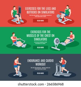 Exercise machines set with legs chest buttocks endurance and cardio workout elements isolated vector illustration