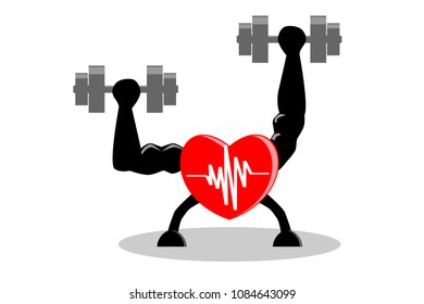 Exercise make heart healthy and stronger concept. Red heart with white pulse inside, building muscle and strength by lifting dumbbells in both hands , isolated background. Vector illustration, EPS10.