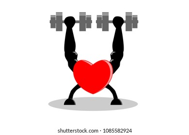 Exercise make heart healthy and stronger concept. Red heart building muscle and strength by lifting dumbbells in both hands , isolated on white (transparent) background. Vector illustration, EPS10.