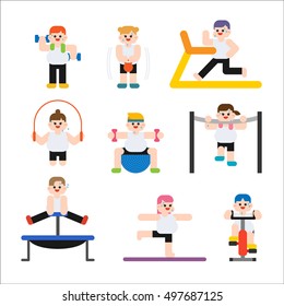 Exercise man character in various poses for health vector illustration flat design