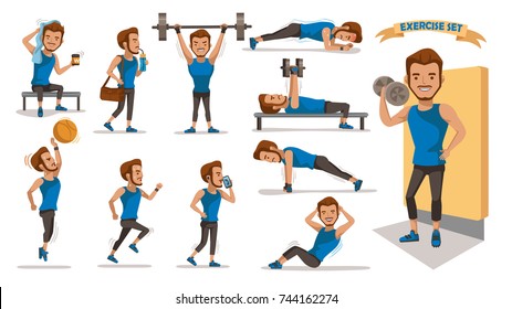 Exercise man Health male are exercising character design set. Handsome  Full Body cartoon set. Isolated on white background. vector illustration
