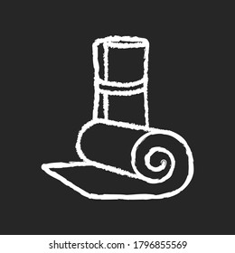 Exercise mat chalk white icon on black background. Workout equipment for home and gym. Pilates, aerobics, yoga and fitness training. Rolled up practice mats isolated vector chalkboard illustration