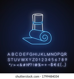 Exercise mat neon light icon. Outer glowing effect. Pilates, aerobics, yoga and fitness training sign with alphabet, numbers and symbols. Practice mats vector isolated RGB color illustration
