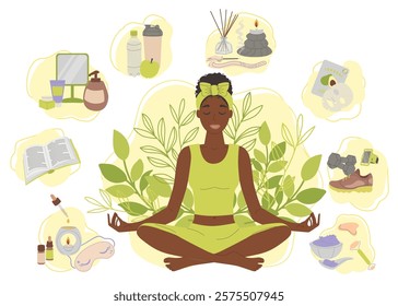 Exercise and meditation practice. Self love. Healthy lifestyle. Vector self care concept.