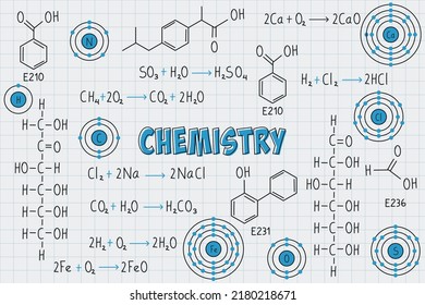 Exercise notes, formulas and equations of chemistry, organic chemistry, chemical reactions, structural formula, atoms of chemical elements, with grid sheet background