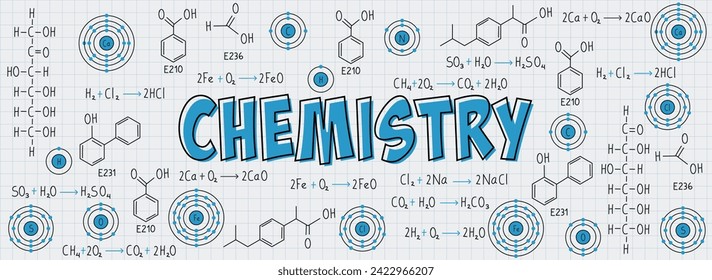 Exercise notes, formulas and equations of chemistry, organic chemistry, chemical reactions, structural formula, atoms of chemical elements, with grid sheet background. School and university notes