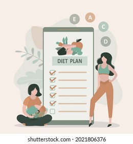 Exercise and nutrition program plan in mobile application. Female characters adhere to healthy diet. Girls mark completed tasks in app. Loss weight, healthcare. Healthy lifestyle. Vector illustration