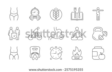 Exercise, Nutrition, Wellness Line Icon Set for Healthy Living. Calorie Burning and Weight Loss Concept. Yoga, Cycling, Workout Symbols. Editable Stroke. Isolated Vector Illustration.