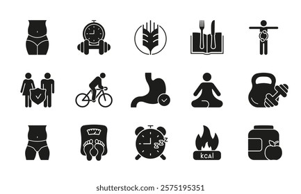 Exercise, Nutrition, Wellness Silhouette Icon Set for Healthy Living. Calorie Burning and Weight Loss Concept. Yoga, Cycling, Workout Symbols. Isolated Vector Illustration.