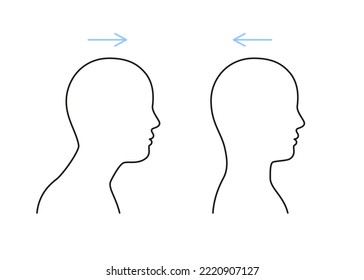 Exercise on stretch muscles back and forth of neck, stick out head, line sign. Active gymnastics, extension for pain syndrome during break. Healthy yoga and relaxation. Vector outline illustration