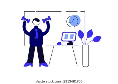 Exercise on workplace minimalistic concept with people scene in the flat cartoon design. An office worker does physical exercises in between hard work at the computer. Vector illustration.